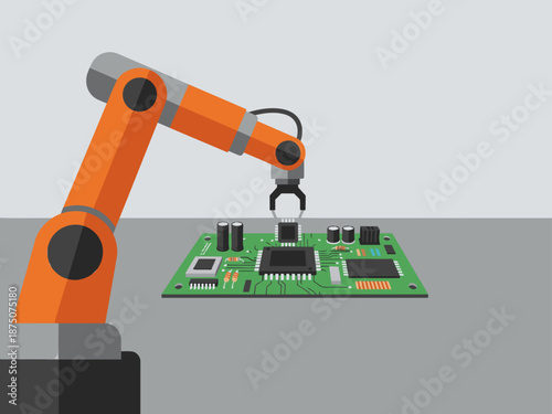 A robotic arm precisely assembles a chip on a circuit board. Clean, modern illustration showcasing automation and technology. Bright, professional aesthetic.