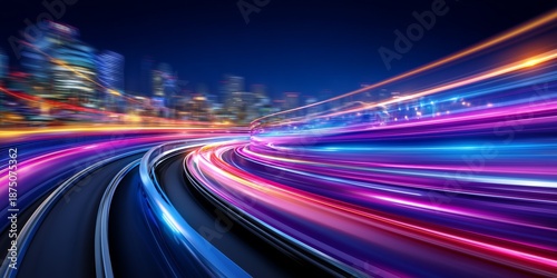 Dynamic urban night scene featuring vibrant neon light trails curving through a futuristic city skyline, showcasing motion and speed.