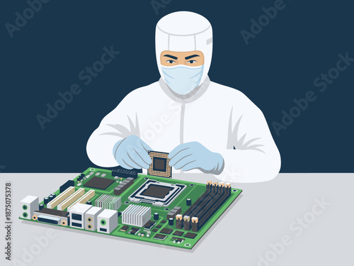 A technician installs CPU hardware on a motherboard, wearing protective gear. Focused detail, clean workspace. Ideal for tech, electronics, and manufacturing visuals.