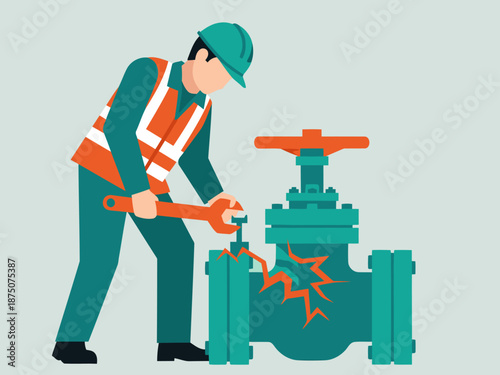 A technician repairs a damaged valve, demonstrating control and maintenance. Clear, professional illustration with a focus on repair work.