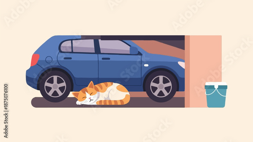 A cute orange and white striped cat sleeps peacefully beside a blue car inside a garage with a bucket