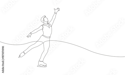 A male figure skater performs tricks on the ice, depicted with a single continuous line. Minimalist vector illustration one line. Winter sports concept.