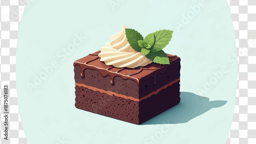 A delectable chocolate cake slice with rich frosting, whipped cream swirl, and fresh mint garnish