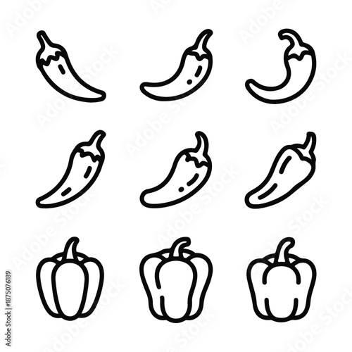 Chili & Bell Pepper Icon Set – Minimal Vegetable Outline Vector