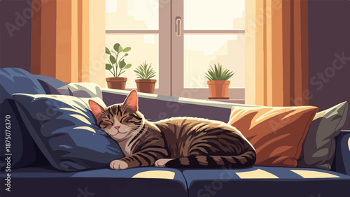 A peaceful tabby cat sleeps on a blue couch bathed in sunlight from a window with potted plants
