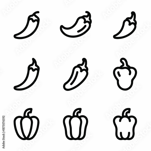 Chili & Bell Pepper Icon Set – Minimal Vegetable Outline Vector