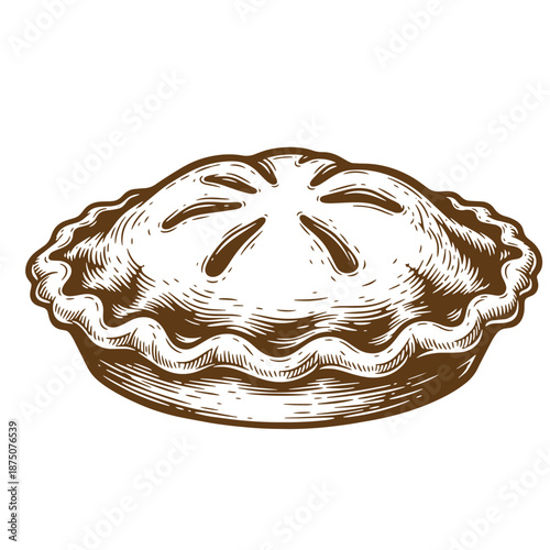 Drawing Vintage Brown pie with crimped crust and cutouts on top isolated on white background