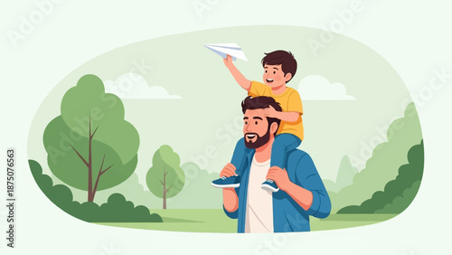A father gives his son a piggyback ride in a park, the boy playfully launching a paper airplane