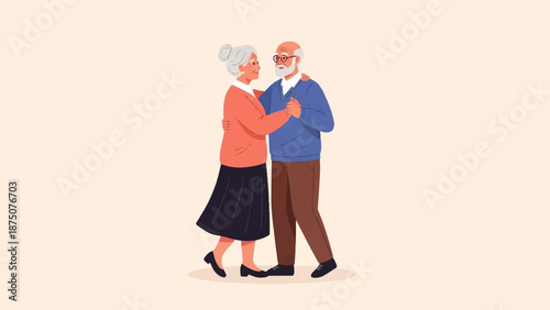 An illustration of a happy elderly couple with grey hair, dancing together on a plain background