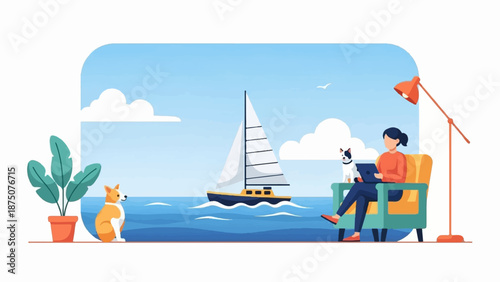 A person with two dogs and a laptop relaxes in a chair, overlooking a sailboat on the ocean