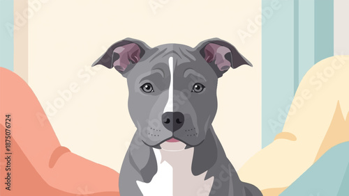 An illustration of a gray and white puppy with an attentive expression, sitting indoors