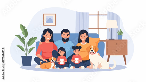 An illustration of a happy family with two children and two dogs sitting together in a cozy living room