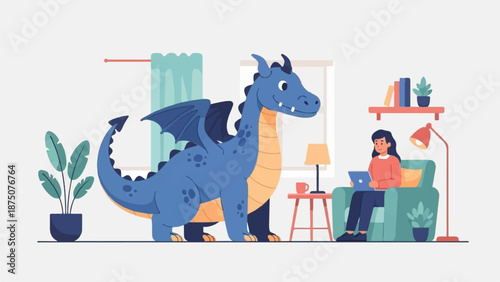 A friendly blue dragon stands beside a woman working on a laptop in a cozy, plant-filled living room