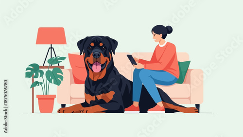 An illustration of a large happy dog lying on the floor next to a woman relaxing on a sofa at home