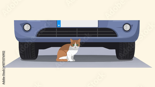 A pixel art illustration of a ginger and white cat sitting on the ground beneath the front bumper of a blue car