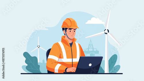 An illustration of a man in a hard hat and safety jacket using a laptop with wind turbines in the background