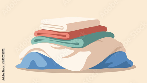 An illustration of a neat stack of colorful, folded laundry or textiles against a light background