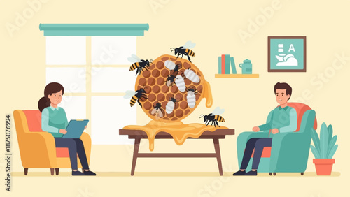 A woman and man sit in a room, observing a giant honeycomb dripping honey, surrounded by busy bees