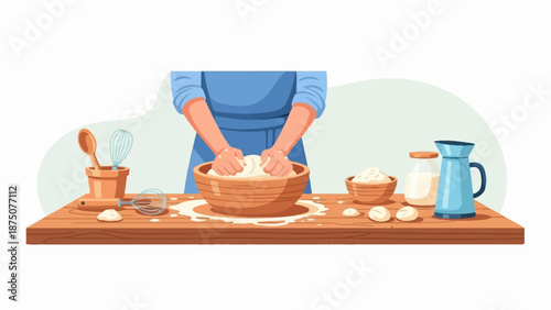 An illustration of a person's hands kneading dough in a wooden bowl on a table with baking ingredients
