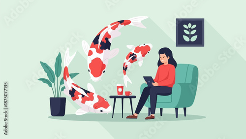 A woman relaxes in an armchair with a tablet, surrounded by floating koi fish, a plant, and a table with coffee