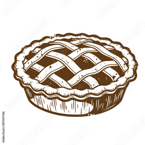 Drawing Vintage Brown pie with lattice crust on white background