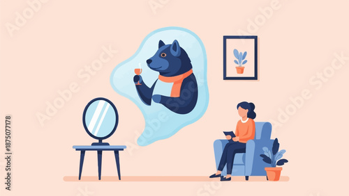 A woman sits on a sofa, looking at a thought bubble featuring a bear holding a drink