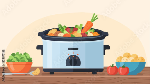 An illustration of a slow cooker filled with vegetables, accompanied by bowls of greens, potatoes, and tomatoes
