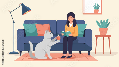 A woman sits on a sofa, reading a book, while a cat offers her a cup in a cozy living room