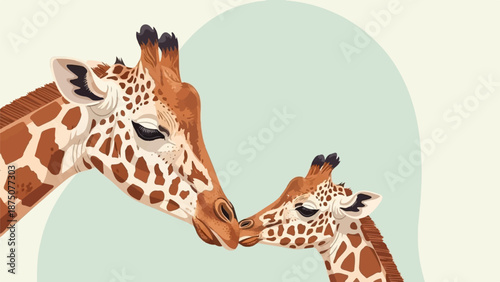 Close-up illustration of two giraffes, an adult and a calf, touching noses affectionately