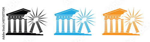 Banking crisis concept with crashing columns. Vibrant illustration of a bank building with crashing columns in colors. Broken bank building with dollar thin line icon, world sanctions concept. 