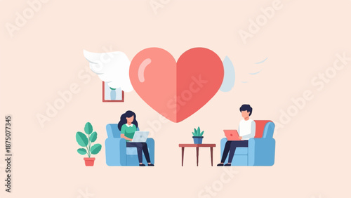 An illustration of a woman and a man working on laptops from armchairs, with a large heart between them