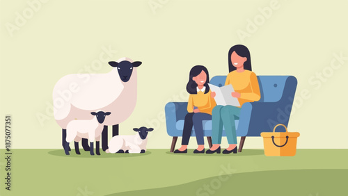 An illustration of a woman and child reading on a blue couch next to a mother sheep and two lambs on grass