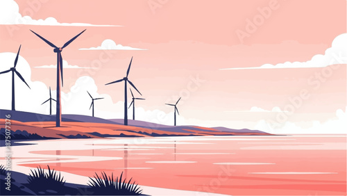 Coastal landscape with wind turbines at sunset, reflected in water, under a soft pink and orange sky