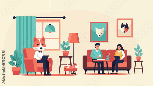 Flat illustration of people and a fox-headed character working in a cozy living room with plants and dog art