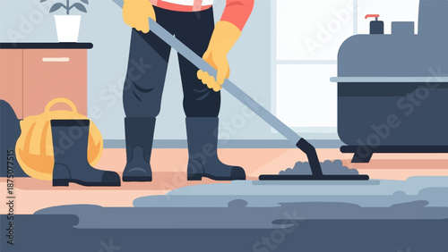 An illustration of a worker in boots and gloves using a squeegee to clean up a large liquid spill