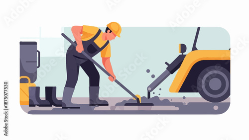 An illustration of a worker in overalls and a hard hat using a shovel to clean up mud or debris
