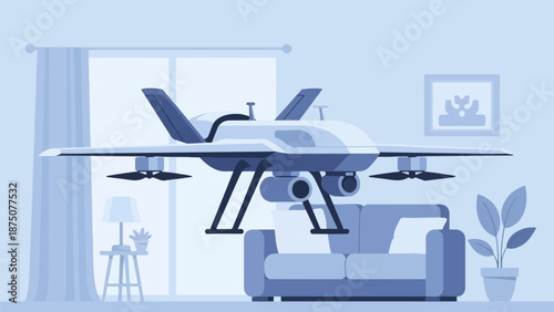 Advanced fixed-wing drone hovering indoors over a sofa in a minimalist room with window, plant