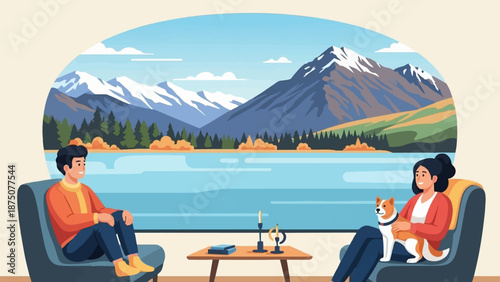 Couple and dog relax indoors, enjoying a stunning mountain lake vista through a large window