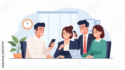 An illustration of four diverse colleagues working together in an office, using laptops and smartphones
