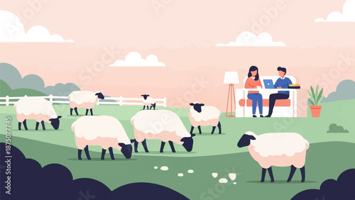 Couple working remotely with laptops overlooking a field of grazing sheep under a soft pink sky