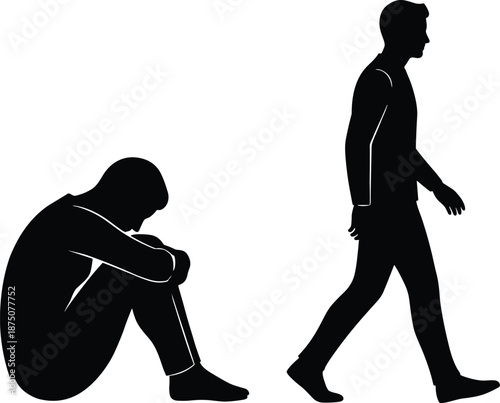 Silhouette of emotional separation between two people, one sitting in sadness, the other walking away, concept of loneliness and departure