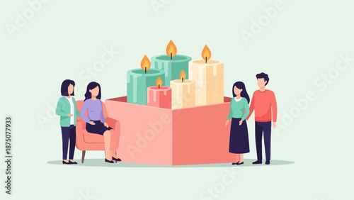 Four people, two women and a couple, gather around a large box containing several colorful lit candles