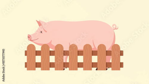 Friendly cartoon pink pig peeking over a brown wooden fence on a simple light yellow background illustration