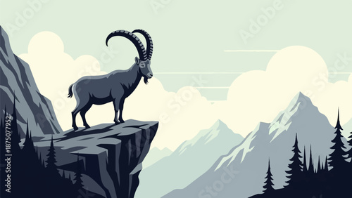 An alpine ibex stands majestically on a rocky cliff overlooking a serene, pixel art mountain landscape