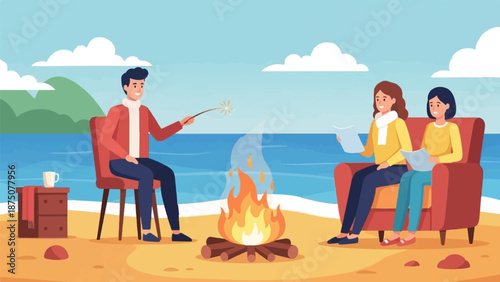 Friends gather around a campfire on a sandy beach by the ocean, enjoying a relaxed evening