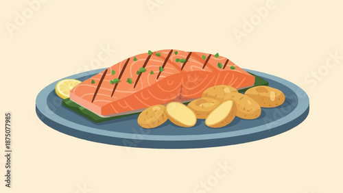 An appetizing illustration of grilled salmon with potatoes and a lemon slice on a plate, on a light background