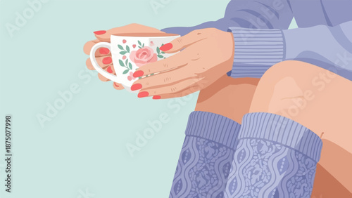 Cozy illustration of a person's hands holding a floral mug, with a sweater and knitted socks visible