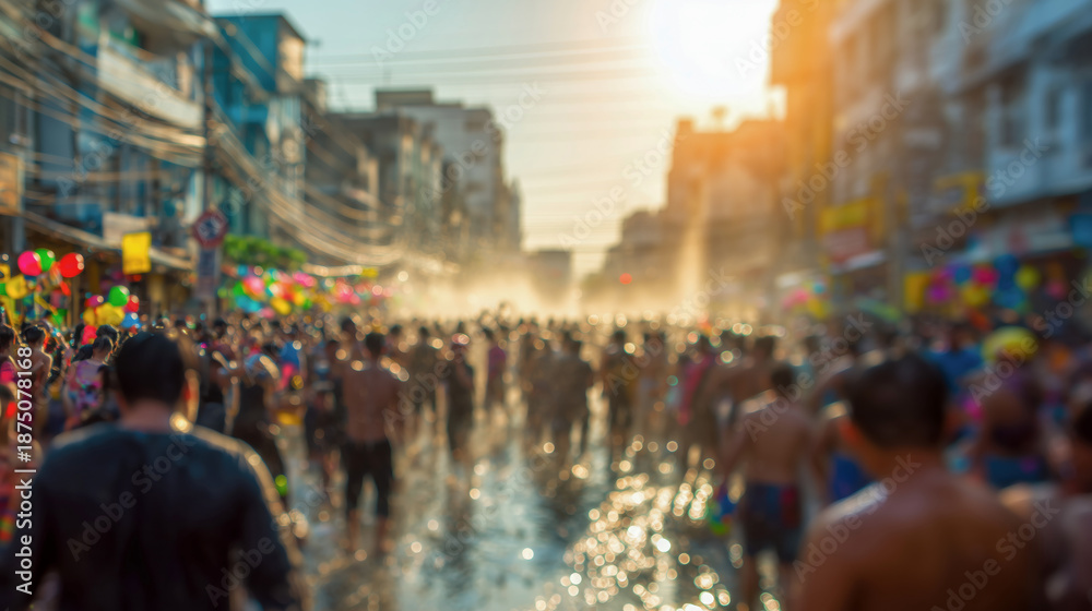 Obraz premium Blurred perspective of crowded Songkran water festival with people splashing water in Bangkok street during summer sunset