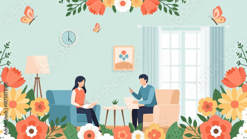 An illustration of two people conversing in a cozy room, framed by vibrant flowers and butterflies