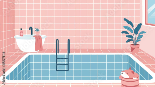 Cozy pastel pink tiled room with a bathtub, a pool, a plant, and a cute dog character in a float